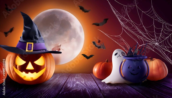 Obraz A cute and spooky Halloween set featuring pumpkins