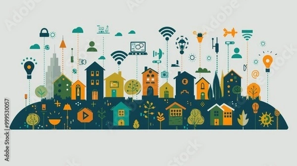 Fototapeta Abstract illustration of a smart city with buildings, trees and icons representing technology and sustainability.