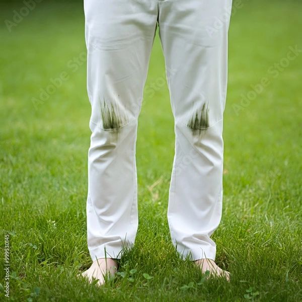 Fototapeta He slipped and fell on the grass and stained his pants.