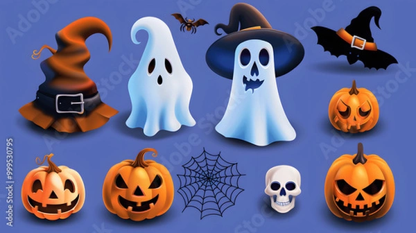 Obraz A cute and spooky Halloween set featuring pumpkins