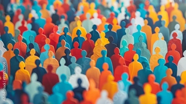 Fototapeta A vibrant crowd of diverse individuals representing unity in a colorful paper cut art installation