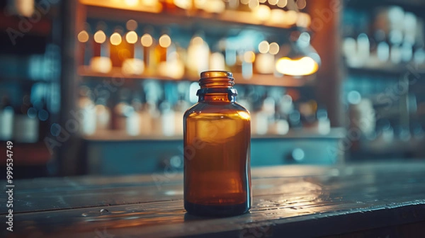 Fototapeta A single amber glass bottle sits on a wooden counter top in front of a shelf full of various bottles.