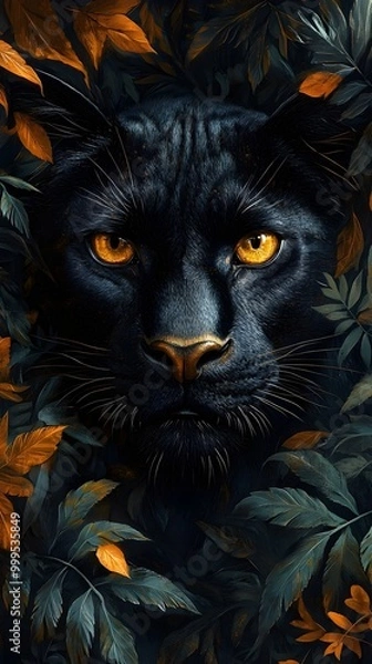 Fototapeta Mysterious Black Panther Emerges from Lush Jungle Foliage with Golden Eyes