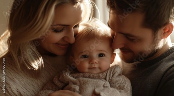 Fototapeta Happy Young Family Hugging Their Baby Girl in Cozy Home Setting with Soft Lighting and Warm Colors