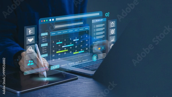 Fototapeta Business Planning Calendar Agenda work schedule and Project management concept. Businessman manages time for effective work with Calendar on virtual screen. Time management. Reminder appointment.