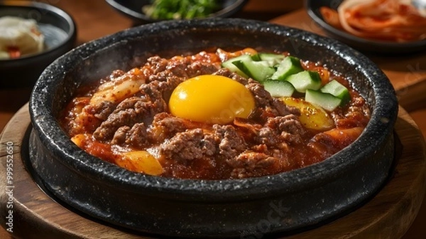 Obraz Korean Food in a Stone Bowl with Egg and Vegetables
