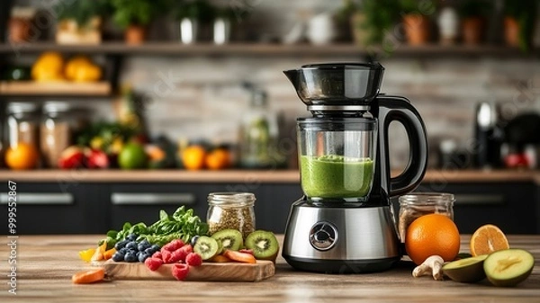 Fototapeta Blender with healthy smoothie and ingredients on table in kitchen.generative ai
