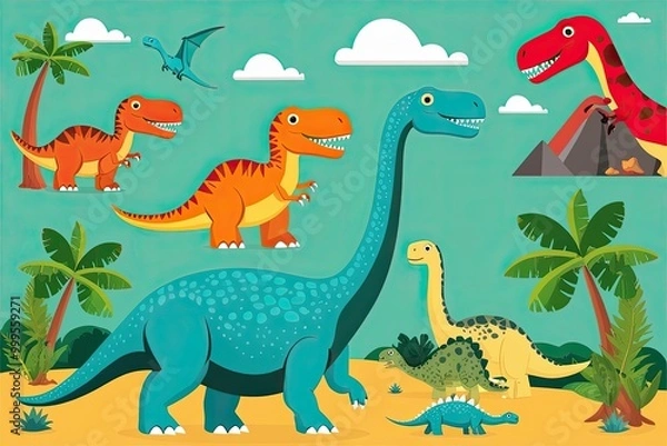 Fototapeta Creative Flat Vector Illustration of Playful Prehistoric Dinosaurs
