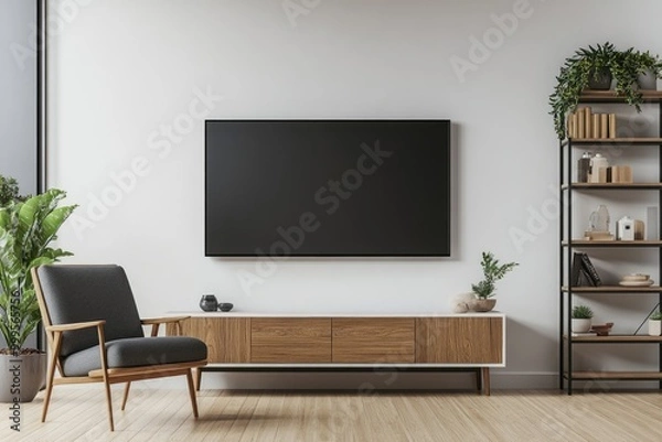Fototapeta Modern Living Room Interior Design with White Cabinet, Armchair and Stylish Decor
