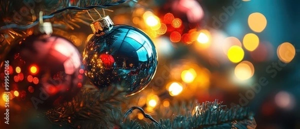 Obraz A close-up of colorful Christmas ornaments glimmering on a festive tree, surrounded by warm holiday lights and a cozy atmosphere.