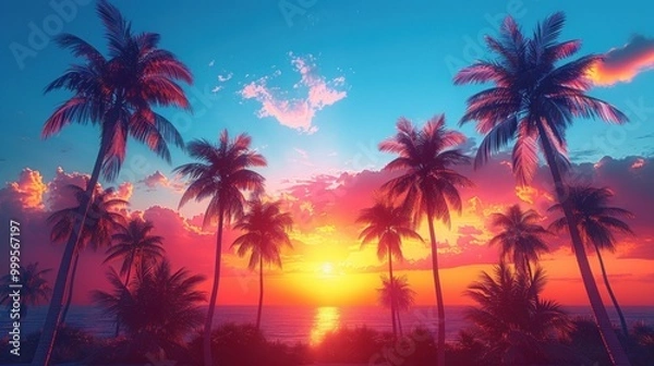 Fototapeta An evening on the beach with palm trees. Colorful picture for rest. Blue palm trees at sunset. Orange sunset in the blue sky.
