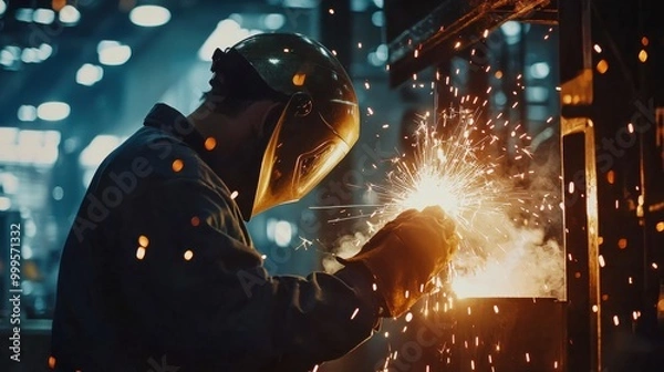 Fototapeta A steelworker in a helmet welds metal, with bright sparks flying in a dimly lit industrial environment, showcasing the intensity and craftsmanship of metalwork.