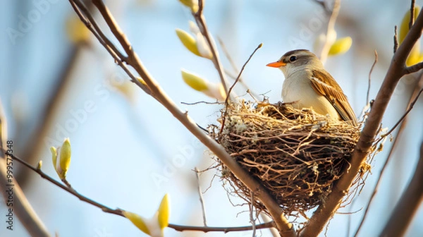 Obraz A bird building a nest in the branches of a tree on a quiet spring morning
