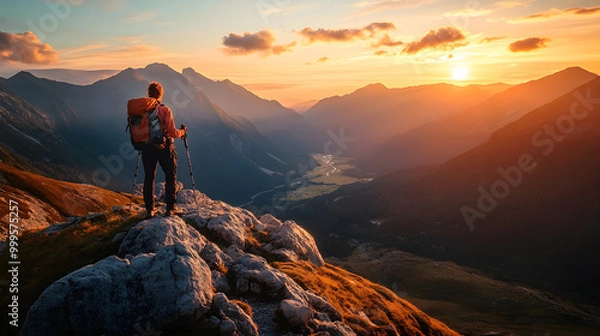 Fototapeta A hiker standing on a rocky peak looking out at a valley below during sunset