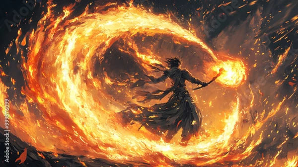 Obraz A powerful anime mage casting a massive fire spell with flames swirling around them