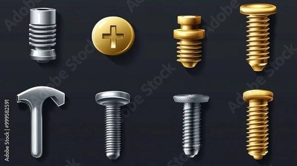 Fototapeta A realistic collection of bolt heads, including stainless steel nails, golden and silver rivets with cross carvings, and metal nut caps. The set features isolated glossy screw tops 