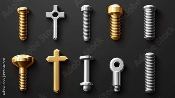 Fototapeta A realistic collection of bolt heads, including stainless steel nails, golden and silver rivets with cross carvings, and metal nut caps. The set features isolated glossy screw tops 
