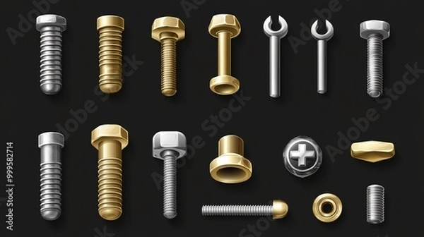 Fototapeta A realistic collection of bolt heads, including stainless steel nails, golden and silver rivets with cross carvings, and metal nut caps. The set features isolated glossy screw tops 