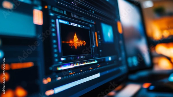 Fototapeta A person coding on a dual-screen setup with vibrant lighting in a modern workspace at night