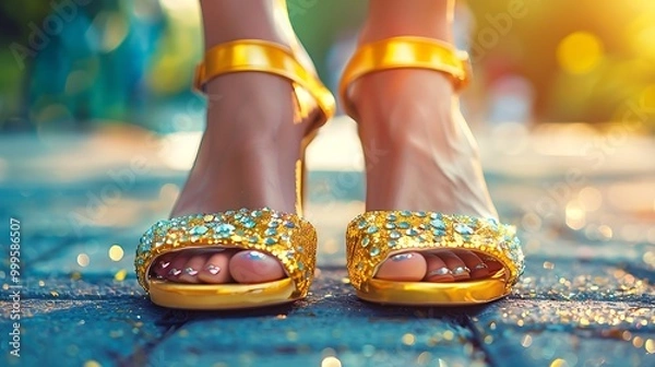 Fototapeta Trendy front view of glossy summer shoes with stones set in sparkly yellow sandals