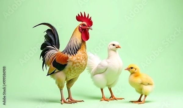 Fototapeta Colorful rooster with chick and duckling on a green background