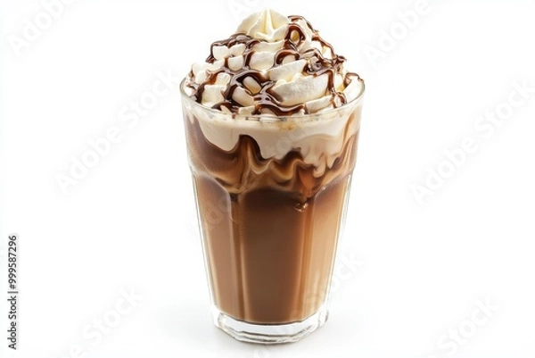 Fototapeta Delicious iced coffee with cream drizzled on top, isolated against a clean white background