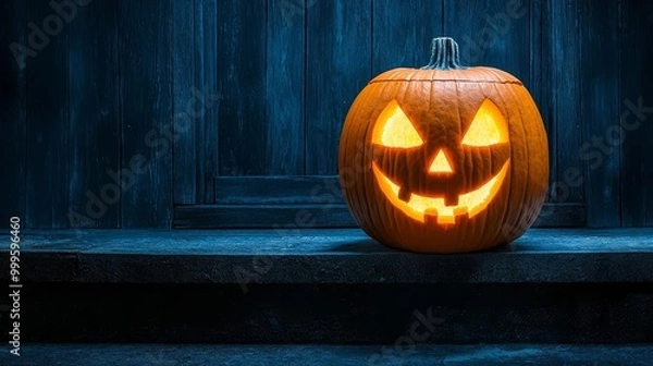 Fototapeta Single Jack-o'-lantern with a mischievous grin placed on the steps of a creaky