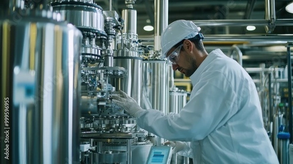 Obraz A worker inspecting industrial machinery in a chemical plant, meticulously checking equipment to ensure safe and efficient operation in a controlled environment