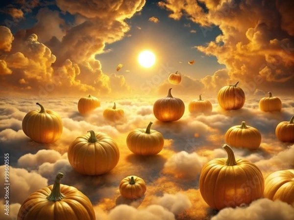 Fototapeta Pumpkin-shaped clouds, illuminated by a golden, ethereal light, drifting lazily across a surreal, dreamlike sky
