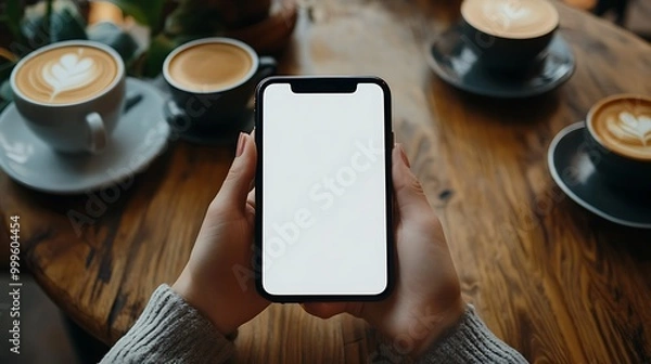 Fototapeta Woman's hands holding a smartphone with blank screen, sitting at a wooden table with coffee cups.