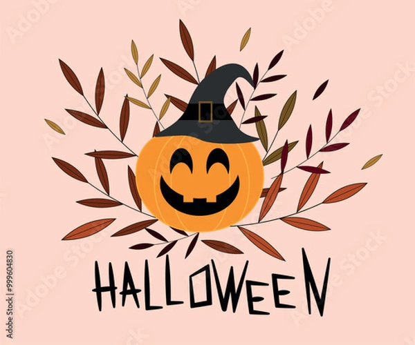 Obraz Halloween pumpkin with witch hat and lettering. Vector illustration.