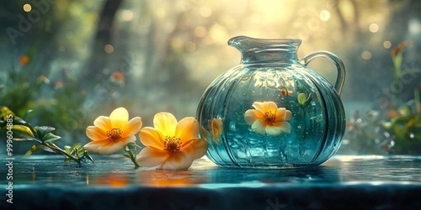 Obraz A single blue glass pitcher rests on a table with two yellow flowers in the foreground, while the background shows a blurred, hazy forest with a soft, dreamy effect.