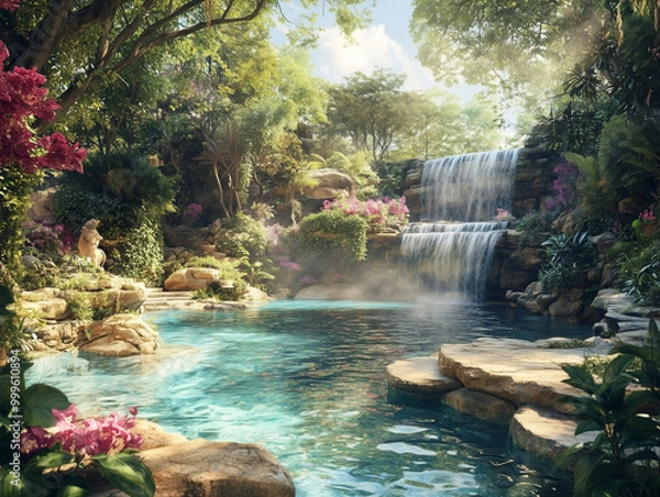 Fototapeta waterfall cascading into a crystal clear pool 