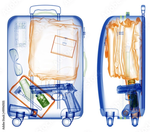 Fototapeta Suitcase with handgun under xray on security control