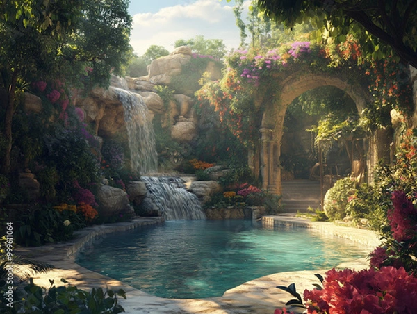 Fototapeta waterfall cascading into a crystal clear pool 