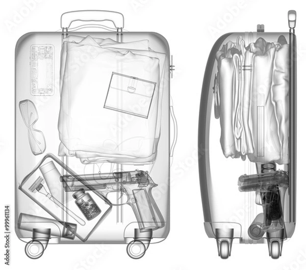 Fototapeta Suitcase with handgun under xray on security control black and white