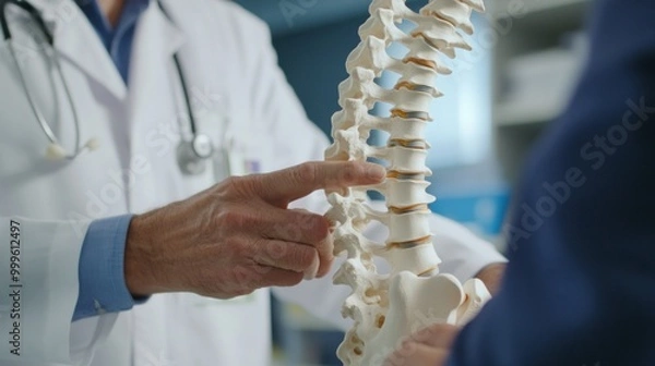 Obraz Doctor holding a model of a spine discussing a back injury with a male patient in a hospital.
