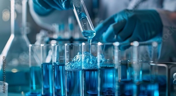 Fototapeta Laboratory glassware with chemical liquid in the hands of a chemist