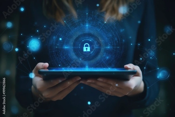 Fototapeta Digital Security: Businesswoman Holding Tablet with Blue Hologram Cyber Interface