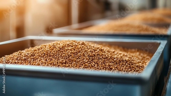 Fototapeta Close-up of raw grain displayed in storage bins, highlighting its texture and color in a natural light setting.