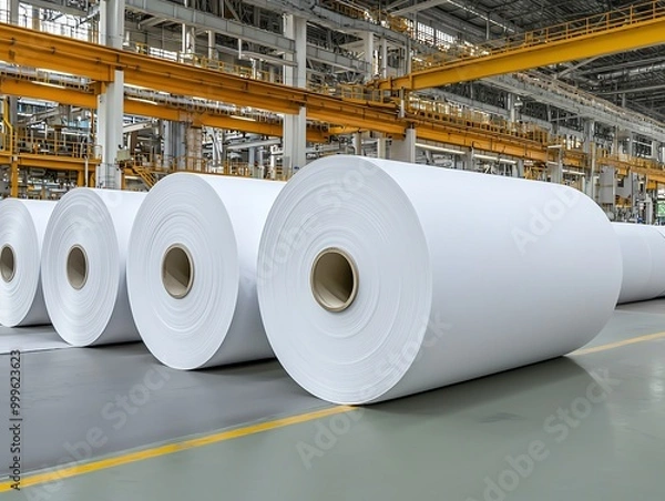 Obraz Large rolls of white paper stacked in a modern industrial facility, showcasing production and manufacturing processes.