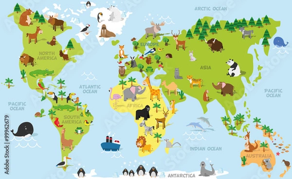 Obraz mapa świata dla dzieci ze zwierzątkami