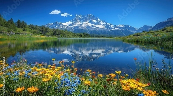 Fototapeta Scenic View of Lake and Snow-Capped Mountains