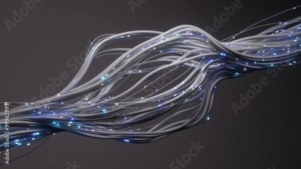 Fototapeta Glowing blue abstract lights illuminating white cables against a dark backdrop - ideal for technology and communication themes. 3d rendered illustration