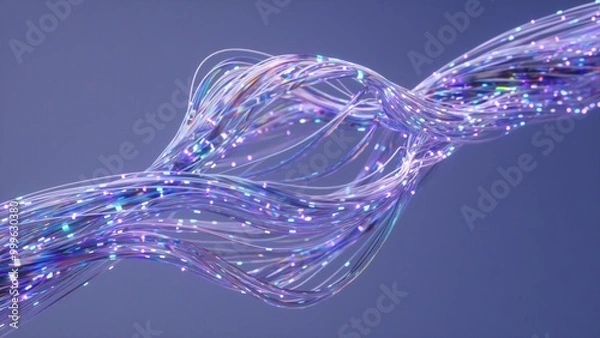 Fototapeta Data transfer at light speed through vibrant purple fiber optic cables symbolizes technology and connectivity