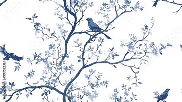 Fototapeta Elegant Toile de Jouy Pattern with Birds and Branches