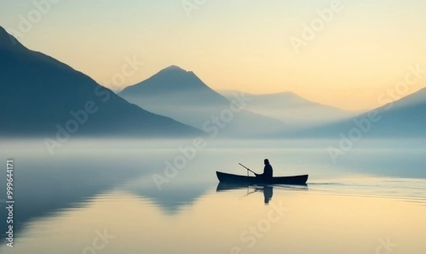Obraz Silhouette of a person rowing a boat in a foggy