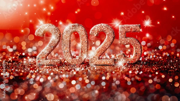 Obraz Red background with the year 2025 in gold metal numbers.