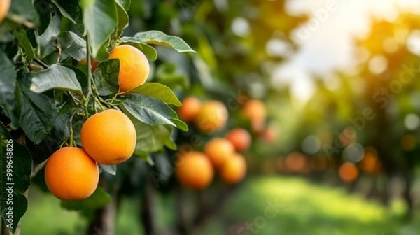 Fototapeta A vibrant orange orchard with ripe fruit hanging from branches, surrounded by lush green leaves and soft sunlight filtering through.