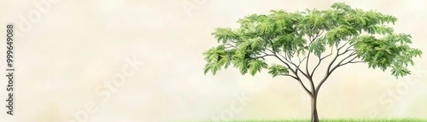 Fototapeta A serene green tree stands alone against a soft, light background, symbolizing nature's tranquility and beauty.